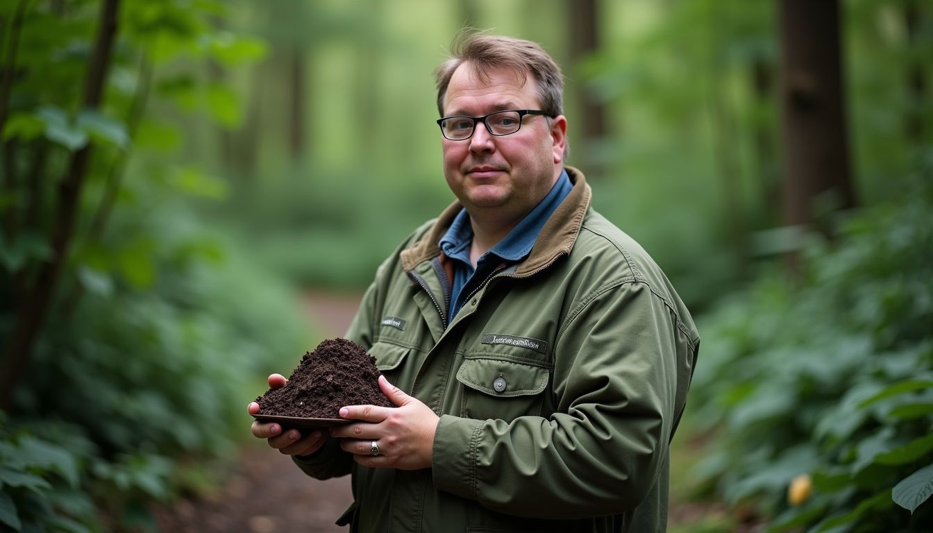An environmental consultant examines soil samples in a Yorkshire forest.