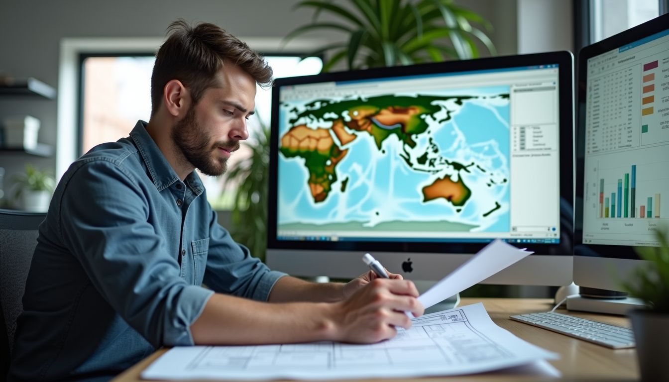 A mid-30s engineer reviews waste-to-energy system design in modern office.