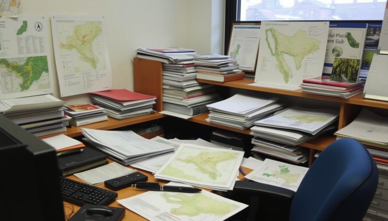 A cluttered office desk of environmental reports, maps, and vegetation charts. A cluttered office desk of environmental reports, maps, and vegetation charts. Epitomises the Environmental Consultant Leicestershire.