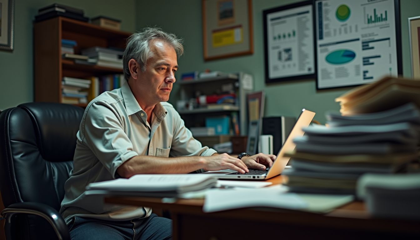 A man is working on environmental data in a cluttered office.
