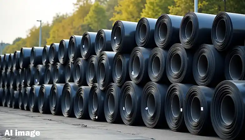 Rolls of HDPE geomembrane essential to landfill containment.